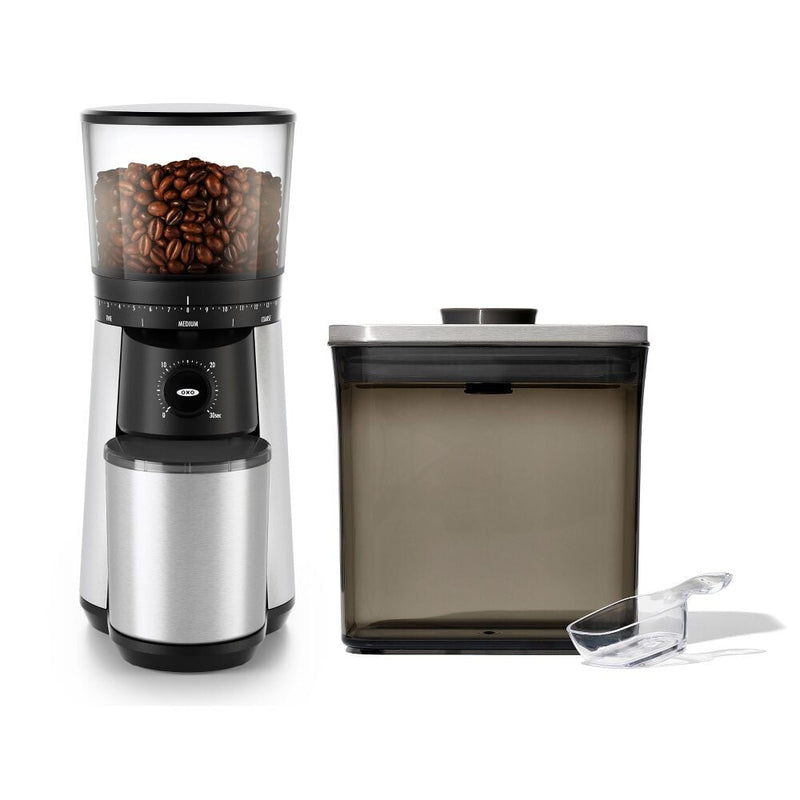 Conical Burr Coffee Grinder & Steel Coffee POP Container (1.7 Qt) with Scoop Bundle Q3