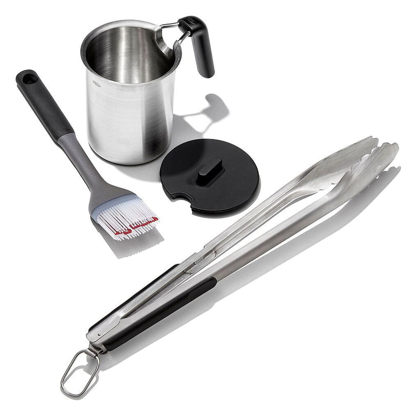 Grilling Basting Pot and Brush Set & Grilling Tongs with Built-In Bottle Opener Bundle N8